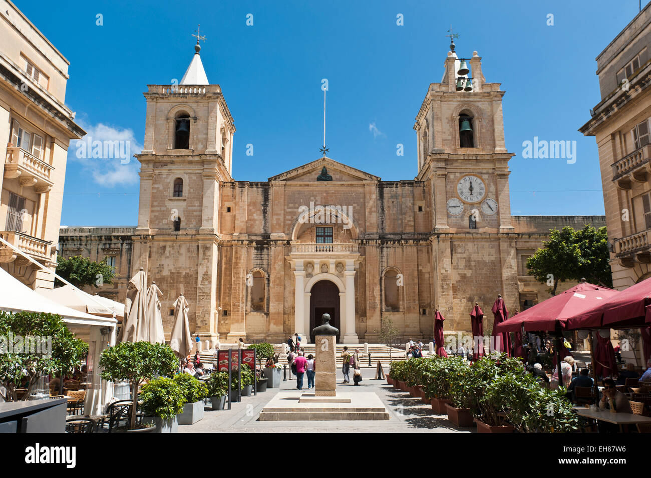 Simple western façade with two bell towers, St. John's Co-Cathedral, church of the Order of the Knights Hospitaller of St John Stock Photo