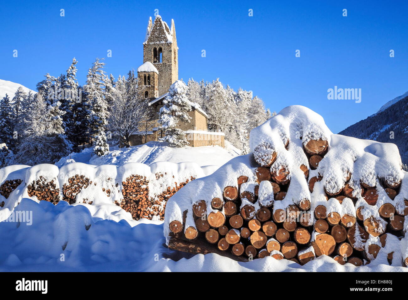 Saint Gian Church after a snowfall in Engadine, Switzerland, Europe Stock Photo