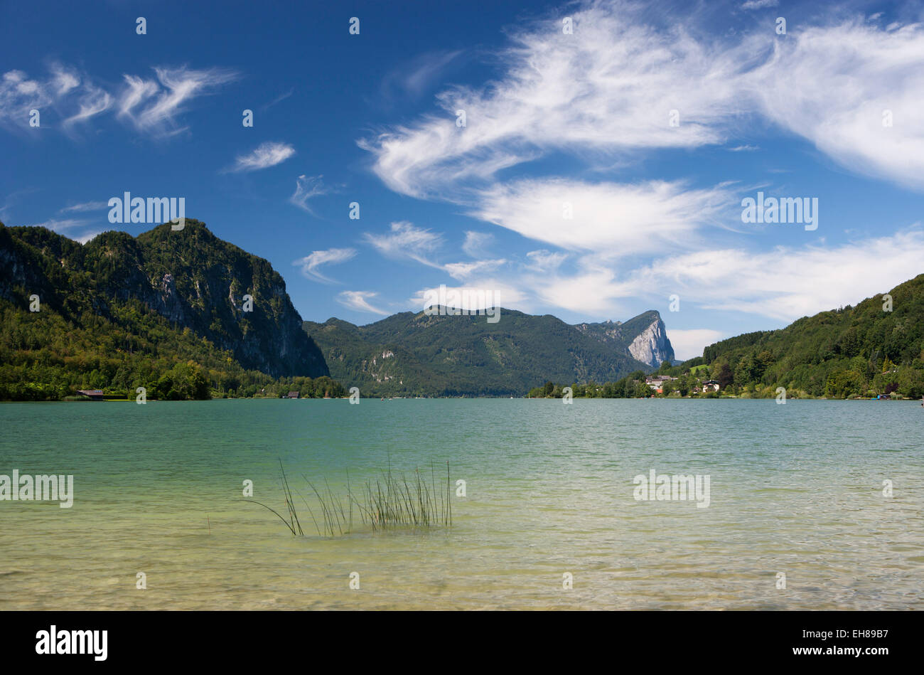 Mondsee lake with Drachenwand rock wall at the back, Salzkammergut, Upper Austria, Austria Stock Photo