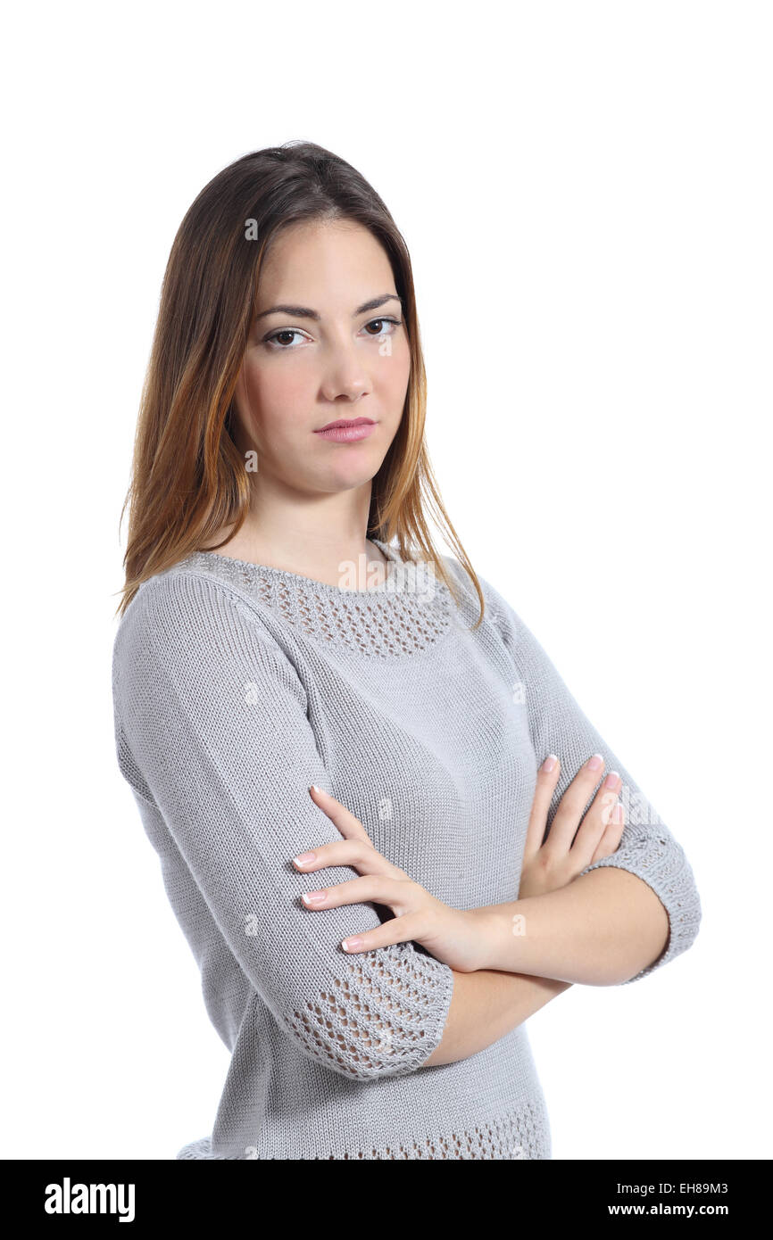 Woman posing disgusted with folded arms isolated on a white background Stock Photo