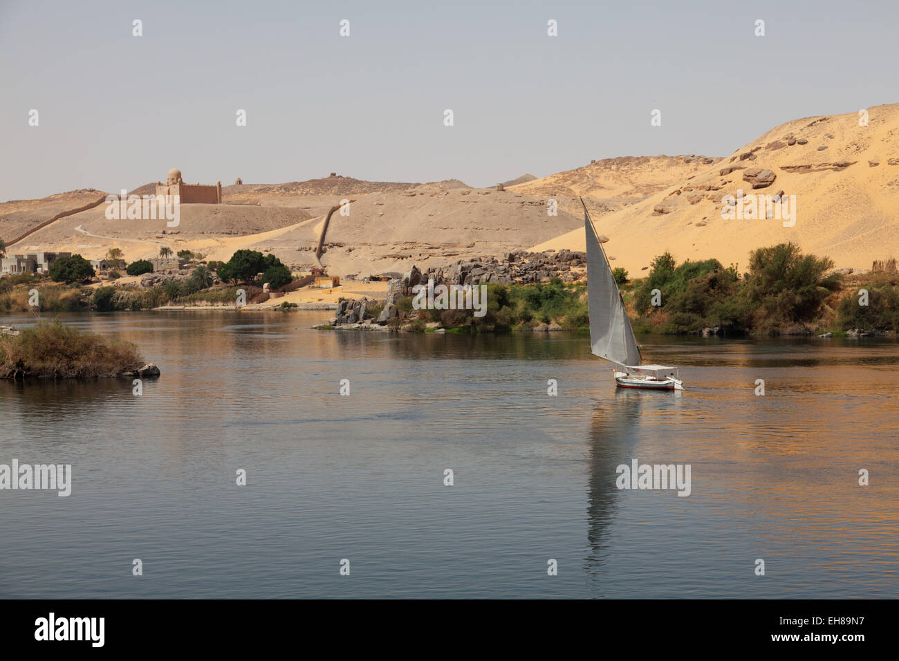 A traditional felucca sailing boat on the River Nile near Aswan, Egypt ...