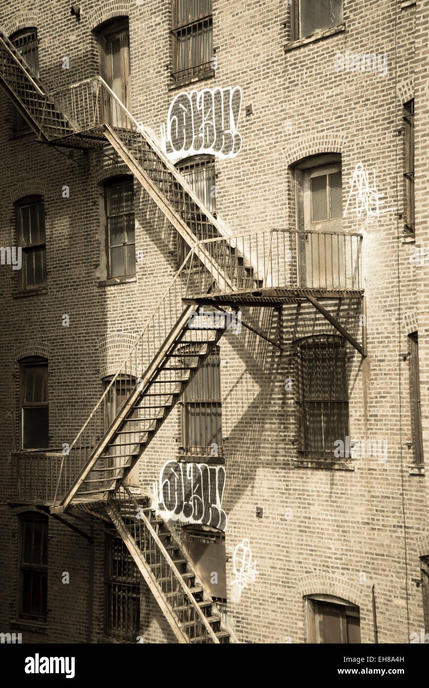 Fire escapes on an old building, Meatpacking Districrt, Manhattan, New York City, New York, USA Stock Photo