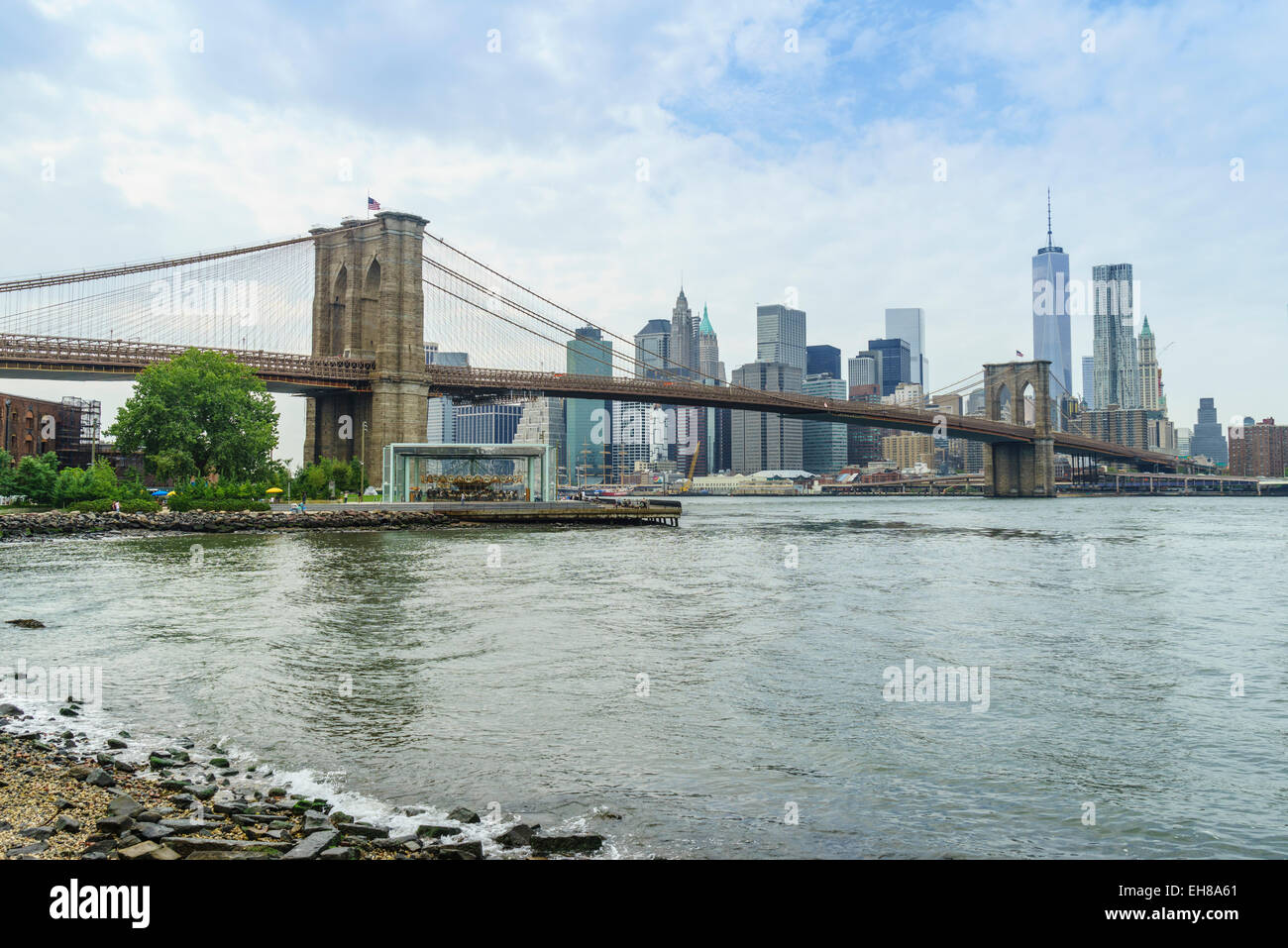 Brooklyn Bridge and Lower Manhattan skyscrapers including One World Trade Center, New York City, New York, USA Stock Photo