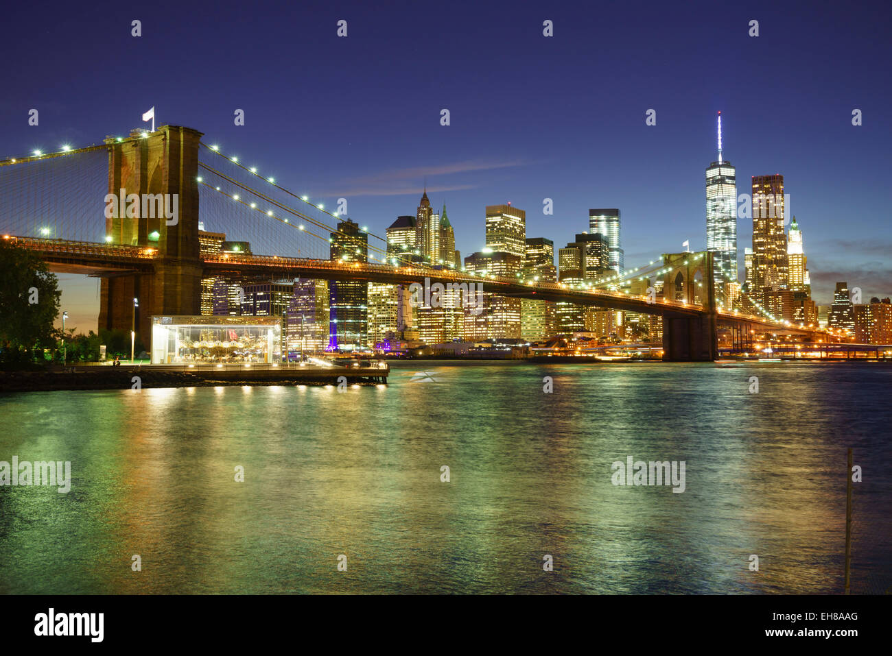 Brooklyn Bridge and Lower Manhattan skyline at night, New York City, New York, United States of America, North America Stock Photo