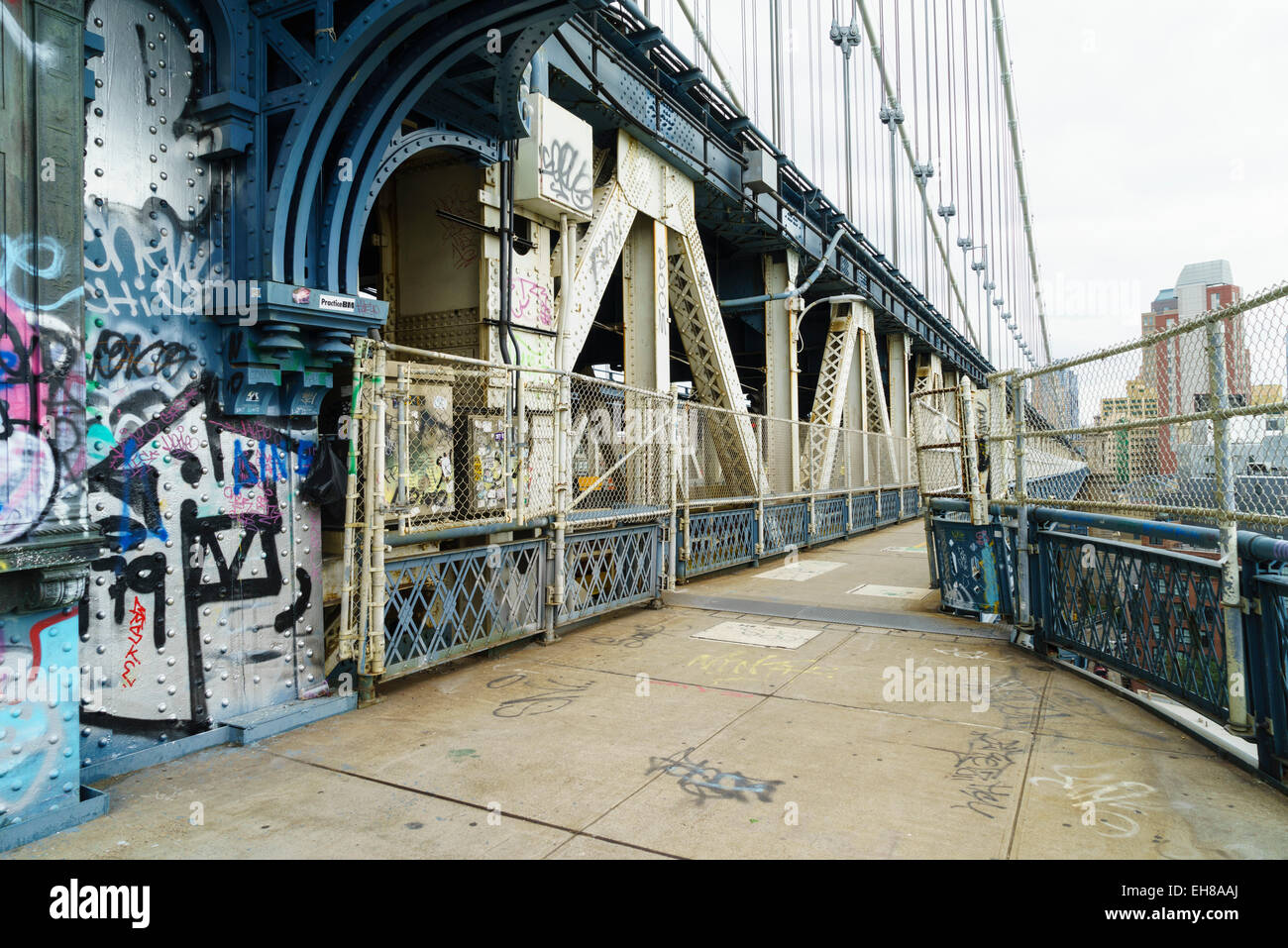 Pedestrian walkway and graffiti, Manhattan Bridge, New York City, New York, United States of America, North America Stock Photo