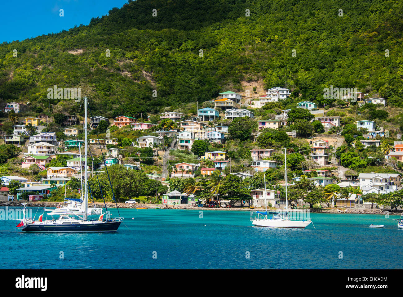 Sailing boats anchoring in Port Elizabeth, Admiralty Bay, Bequia, The Grenadines, Windward Islands, West Indies, Caribbean Stock Photo