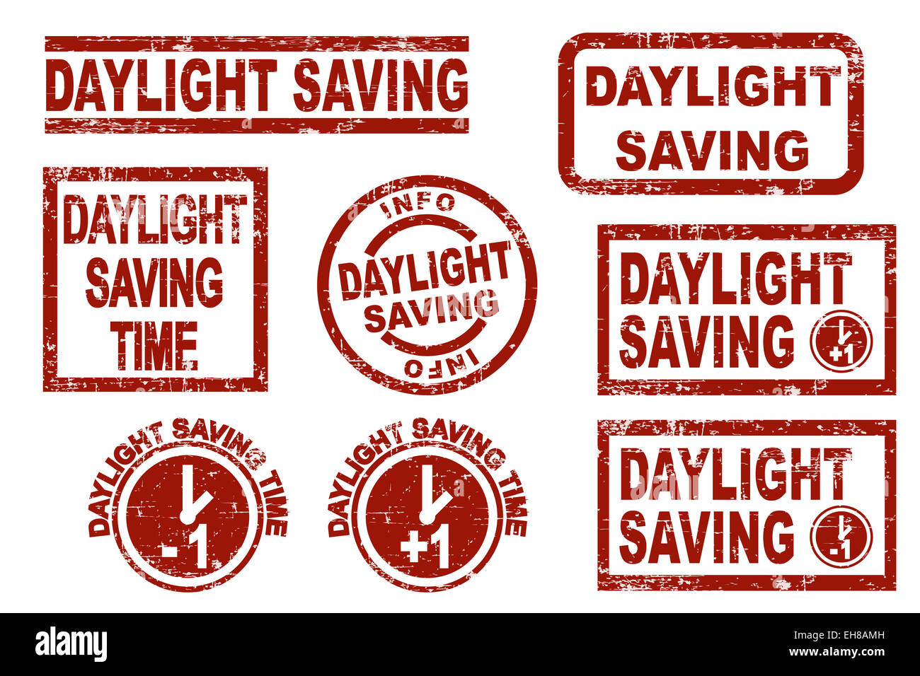 Set of red grunge style ink stamps showing terms of daylight saving time Stock Photo