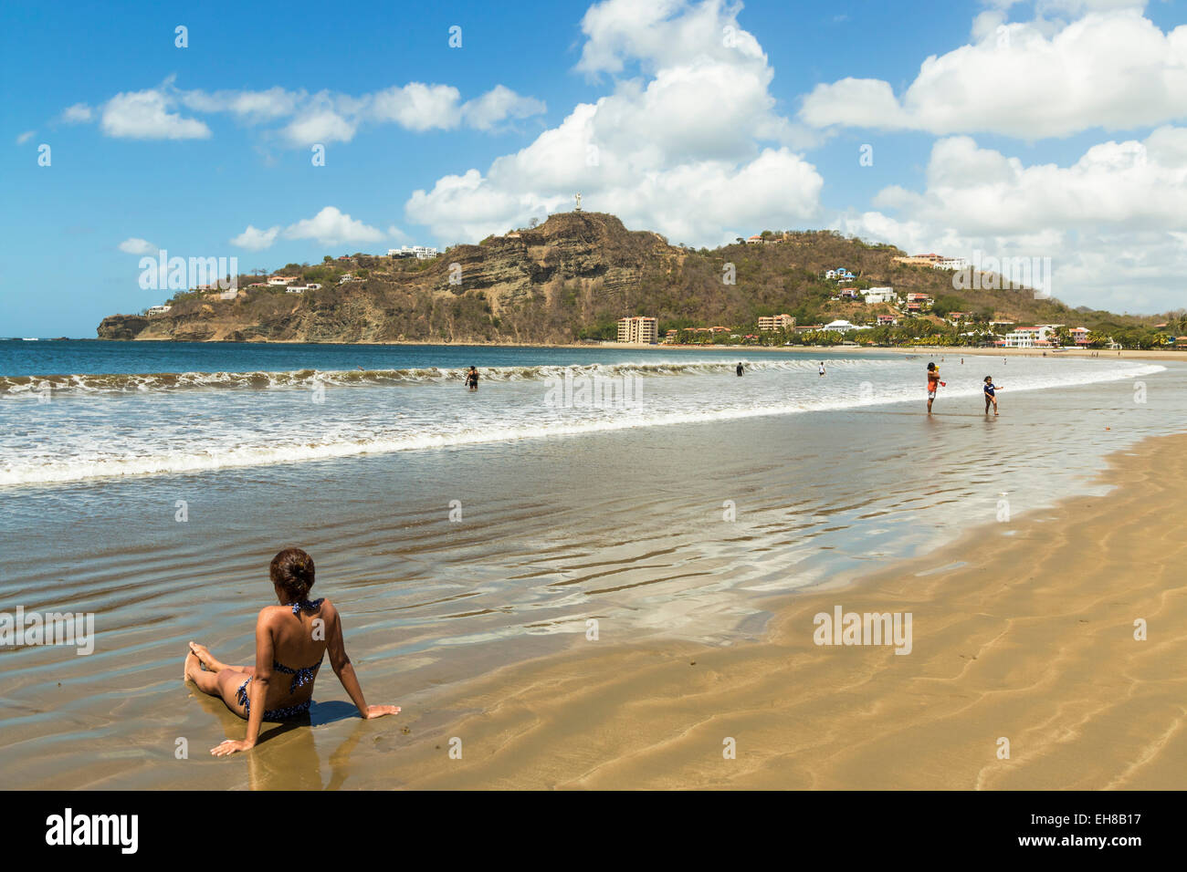 Lookout hill overlooking the beach at this popular tourist hub for the southern surf coast, San Juan del Sur, Rivas, Nicaragua Stock Photo