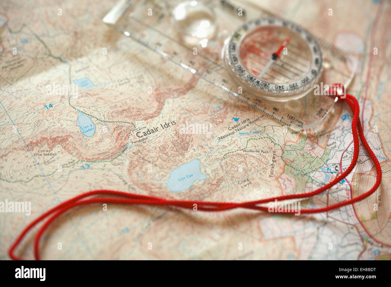 Compass on OS Map of Cadair Idris (detail). Stock Photo