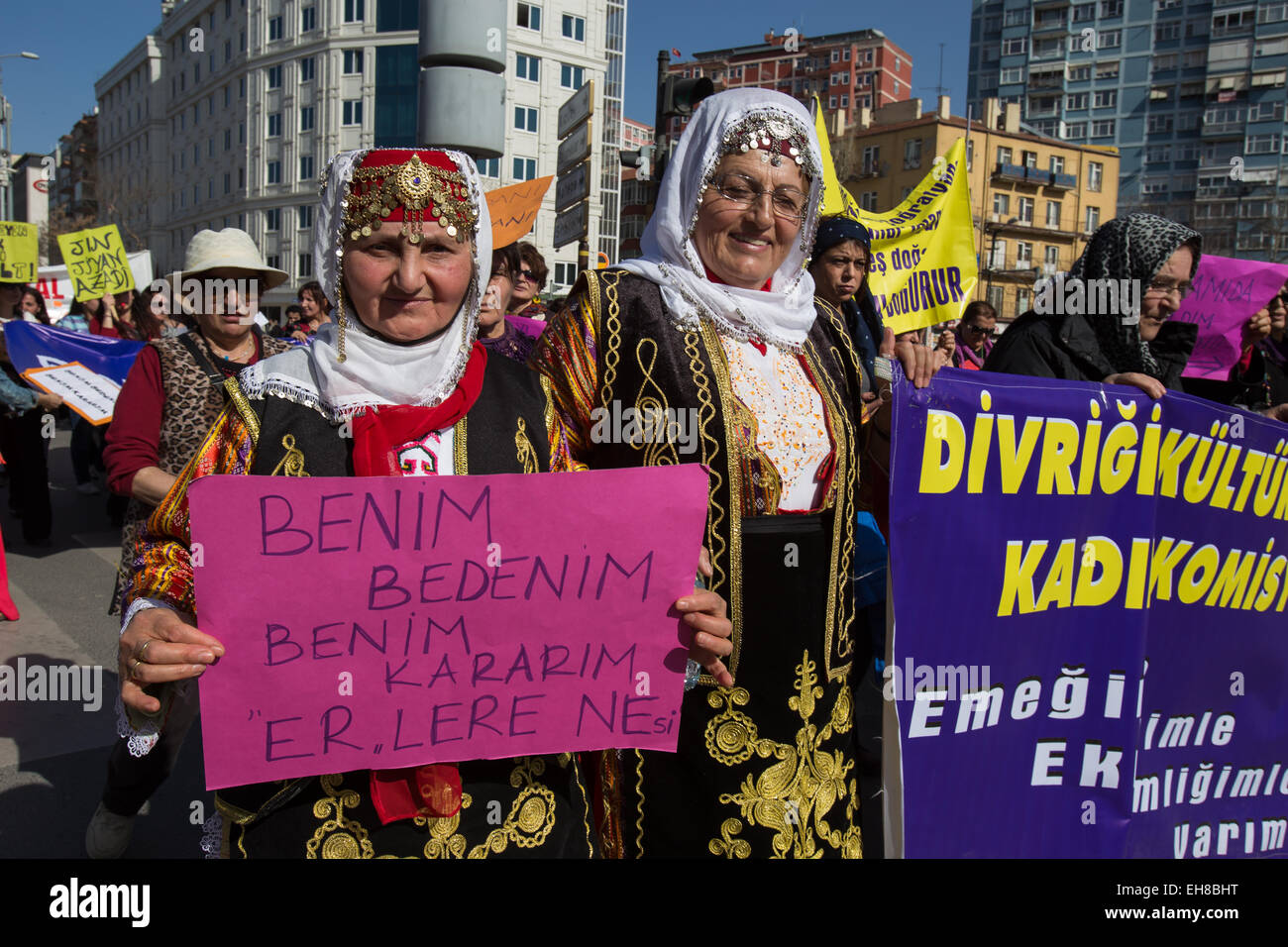 Women in traditional Alevi costume hold a placard reading “My body, my decision” during a demonstration on International Women's Day. Alevis are a large religious minority in Turkey, often considered an offshoot of Shia. © Piero Castellano/Pacific Press/Alamy Live News Stock Photo