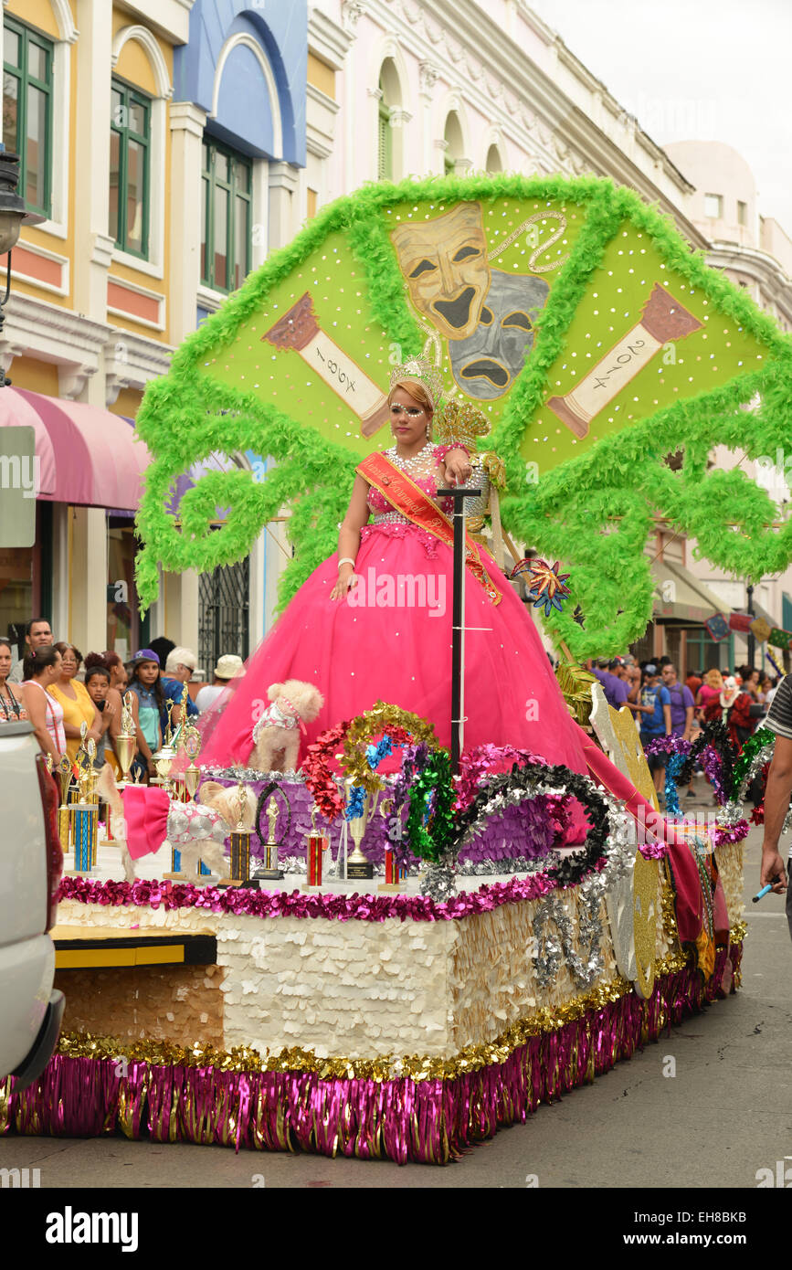 Beauty Queen parading in a float during carnival in Ponce, Puerto Rico. February 2015. Stock Photo