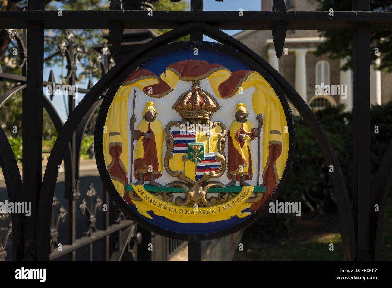 Painted Hawaiian royal seal on the cast iron fencing and gates at Kawaiahao Church in downtown Honolulu, Oahu, Hawaii Stock Photo