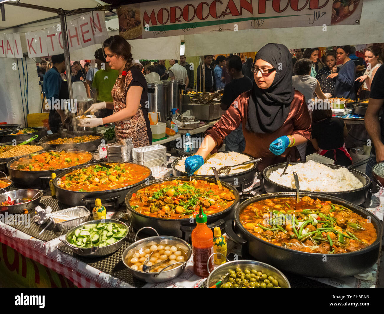 Moroccan food stall in Brick Lane Market, Tower Hamlets, London, England, UK Stock Photo