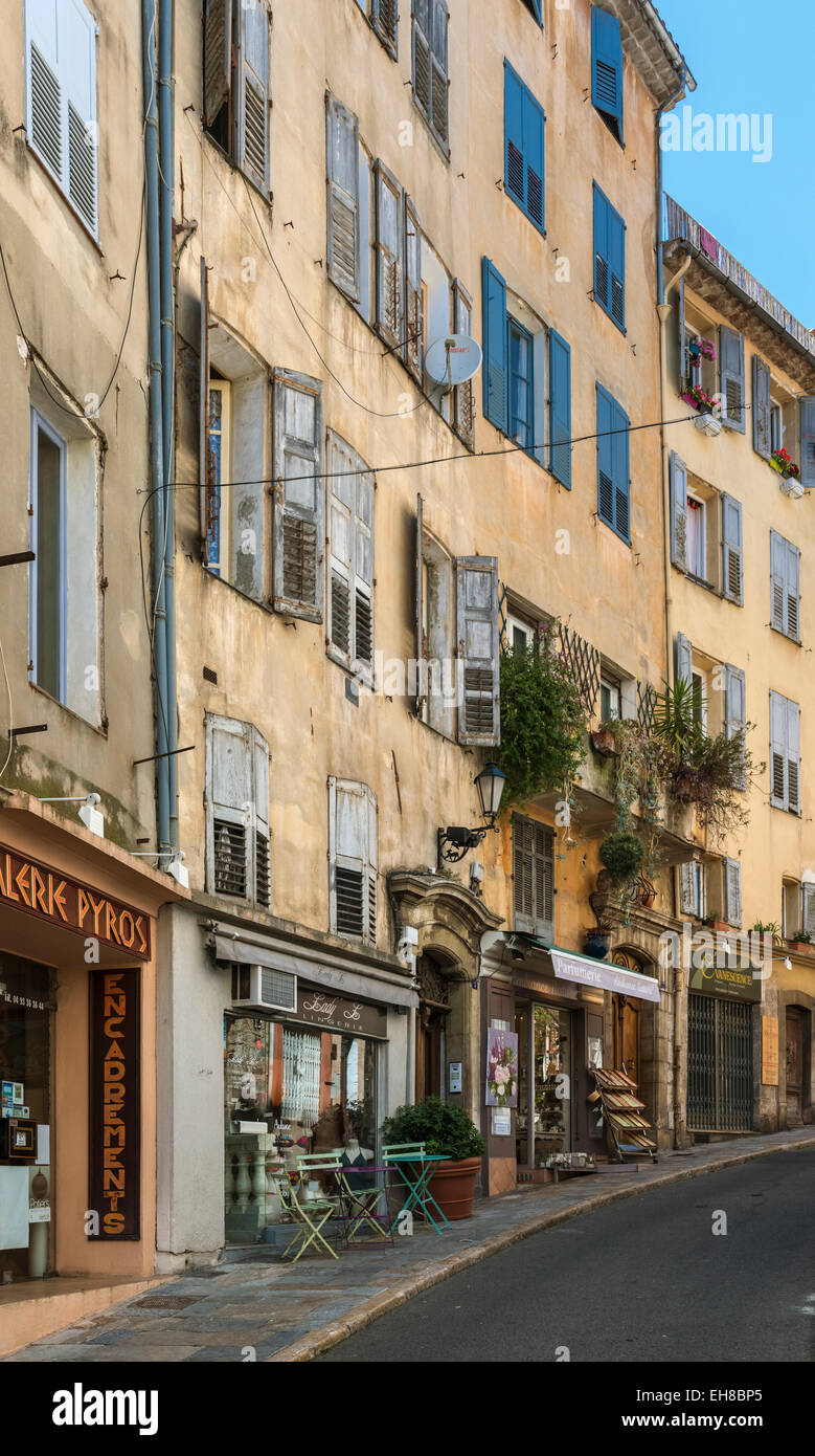 Grasse, Provence, France, Europe - old street scene of cafes and stores Stock Photo