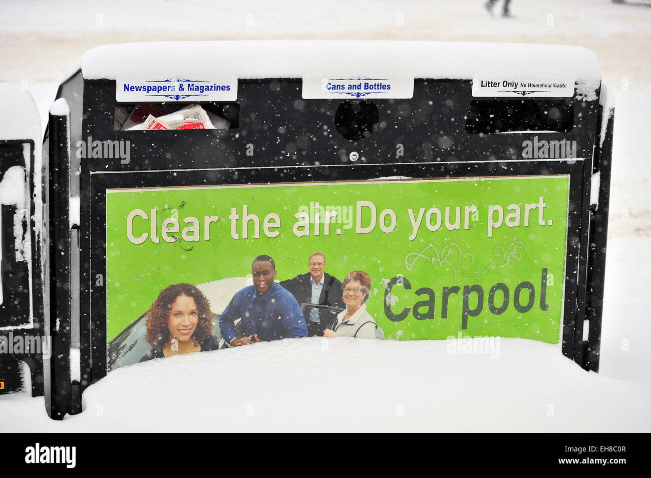 A snow covered recycling and rubbish bin in Canada Stock Photo Alamy