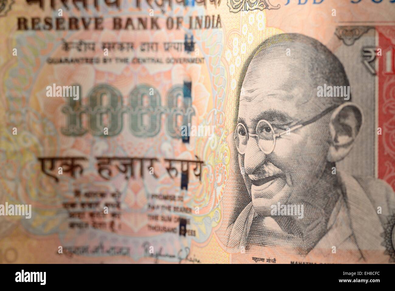 Indian One Thousand Rupee Note with Mahatma Gandhi Portrait Stock Photo