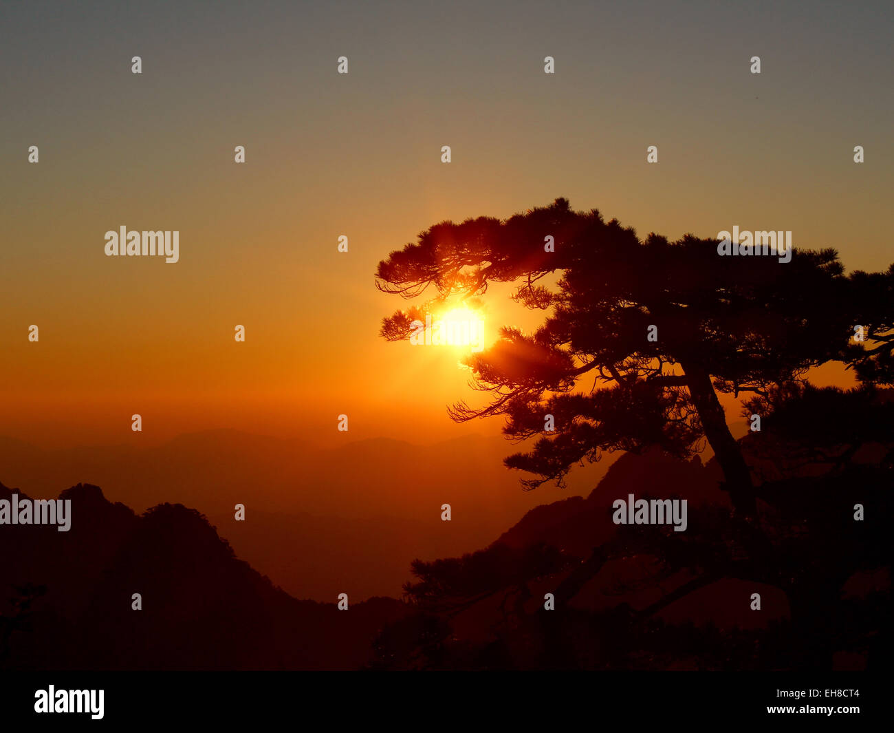 Photography of the sunrise at Huangshan, the Yellow Mountain. Stock Photo