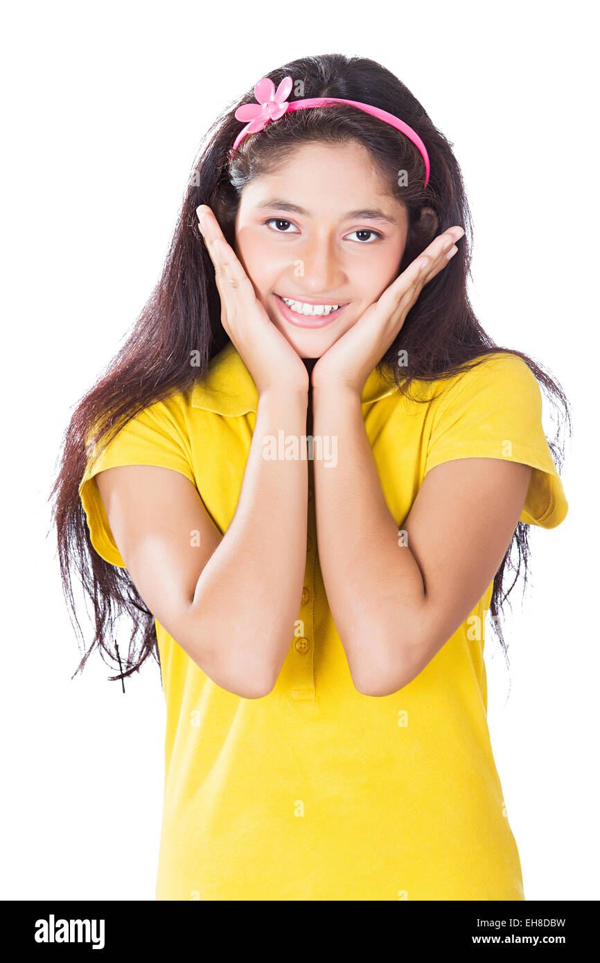 1 indian Young girl Teenager hand Touching face Stock Photo