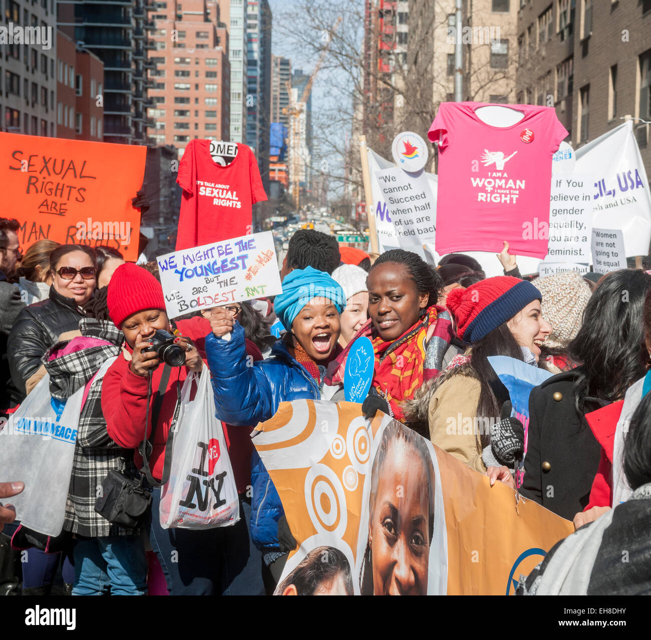 New York, USA. 08th Mar, 2015. Thousands participate in the March for Gender Equality and Women's Rights on International Women's Day in New York on Sunday, March 8, 2015. The march, co-hosted by the U.N. and NYC with NGO organizations, traveled from the United Nations to Times Square and called for gender equality across multiple platforms including pay, the glass ceiling and political representation. Credit:  Richard Levine/Alamy Live News Stock Photo