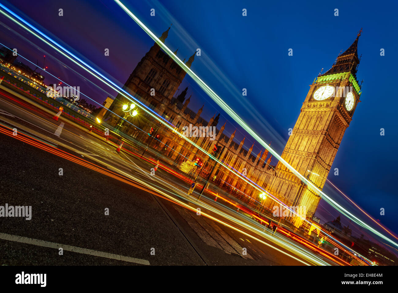 Westminster with light trails at night Stock Photo