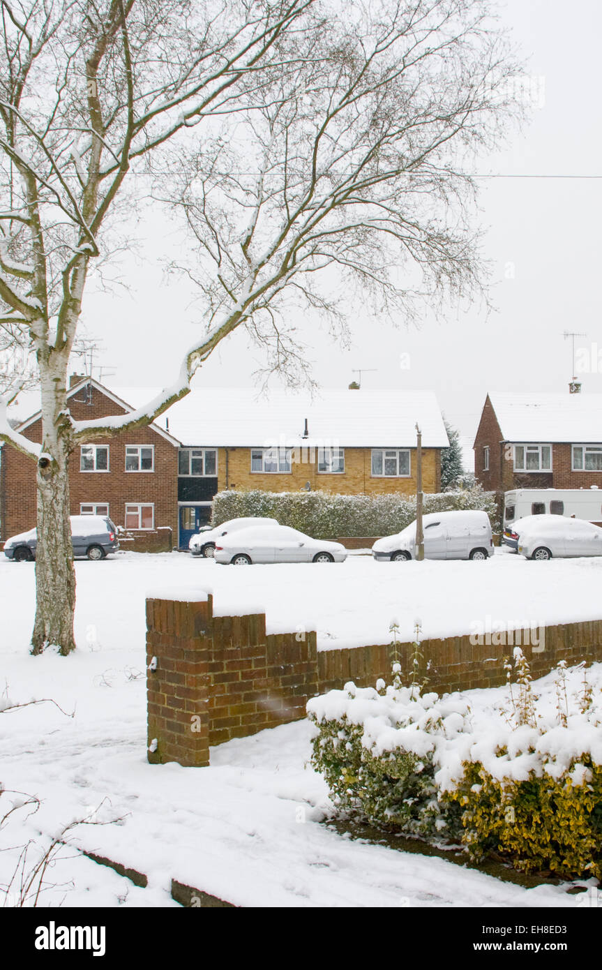 Residential Street Coneyberry in Reigate Surrey After a Heavy Snowfall Stock Photo