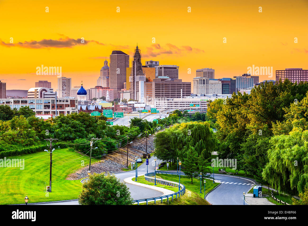 Hartford, Connecticut, USA city skyline from Charter Oak Landing Stock