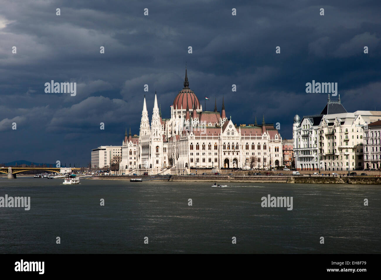 Parliament House on the Danube river, Budapest, Hungary with stormy sky behind Stock Photo