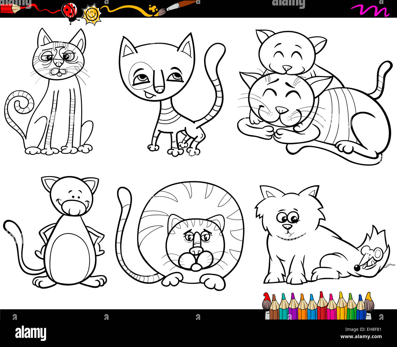 Coloring Book Cartoon Illustration of Funny Cats Characters Set Stock Photo