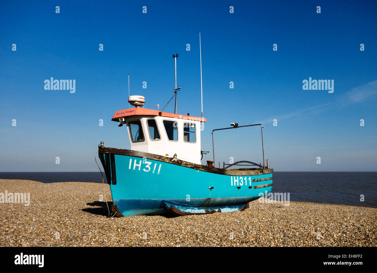Aldeburgh, Suffolk, UK. A fishing boat (IH 311 Silver Harvest) drawn up on the shingle beach Stock Photo