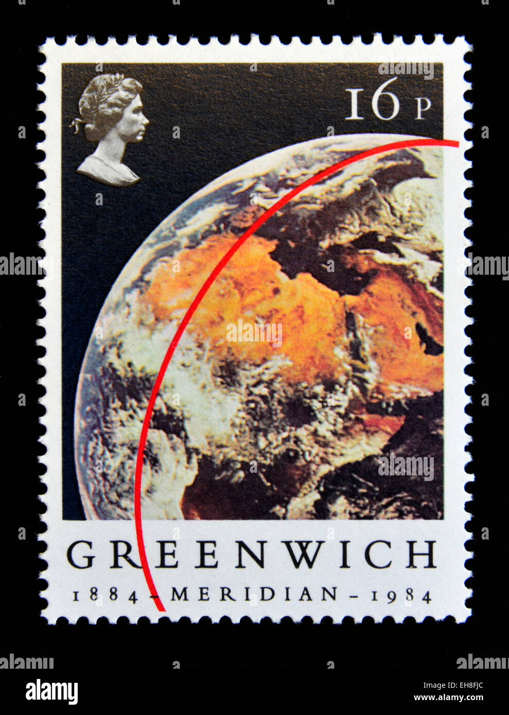 Postage stamp. Great Britain. Queen Elizabeth II. 1984. Centenary of the Greenwich Meridian. 16p. Stock Photo