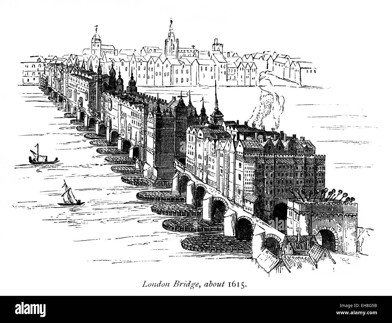An engraving of London Bridge with houses about 1615 scanned at high