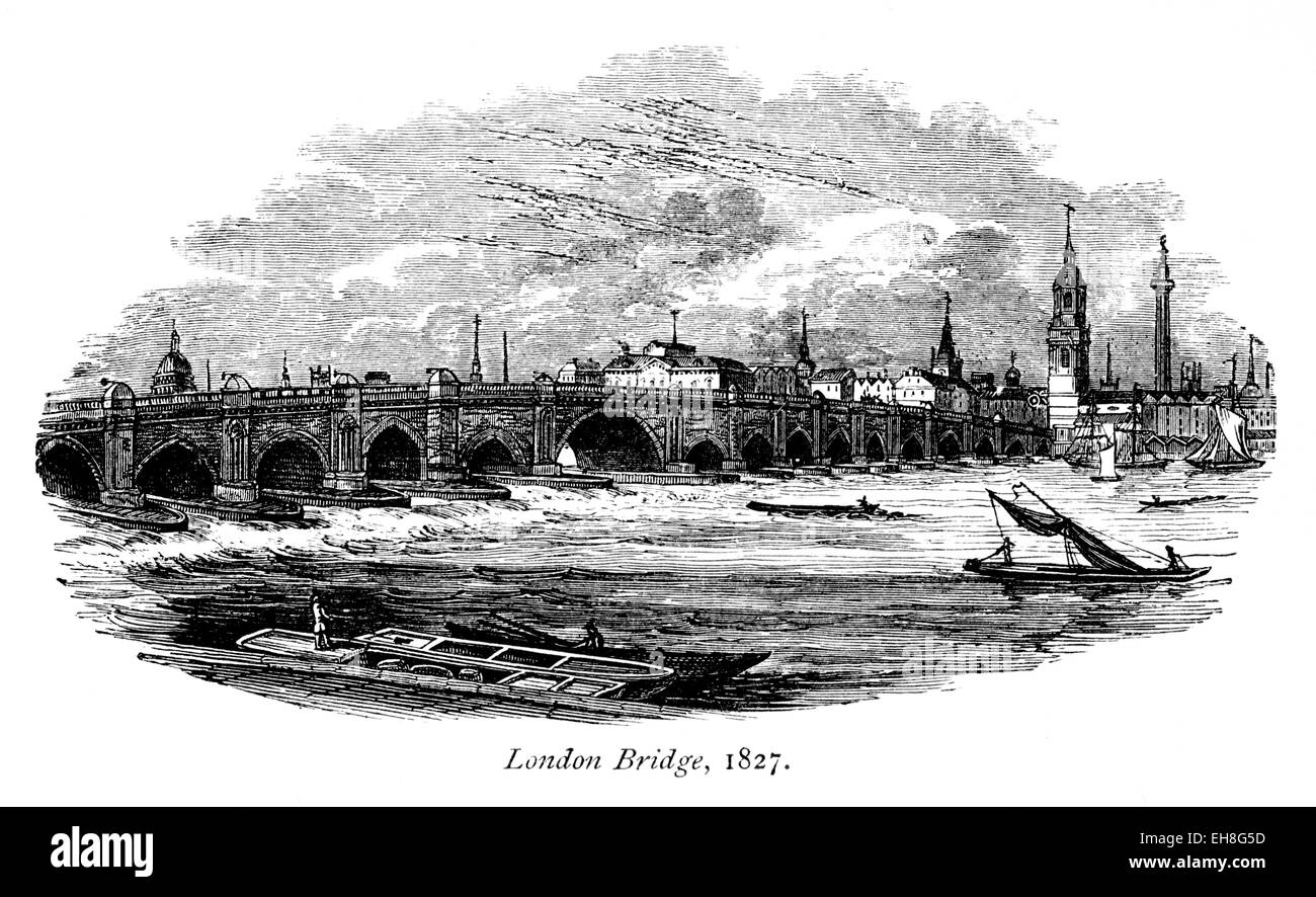 An engraving of London Bridge in 1827 scanned at high resolution from a book printed in 1867. Stock Photo