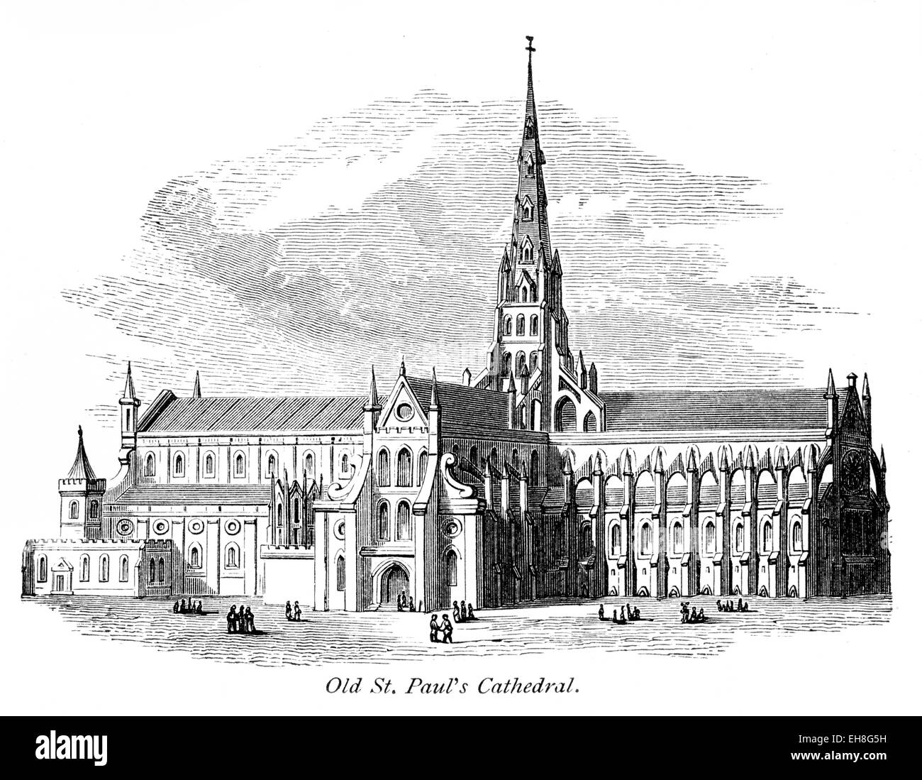 An engraving of Old St. Paul's Cathedral scanned at high