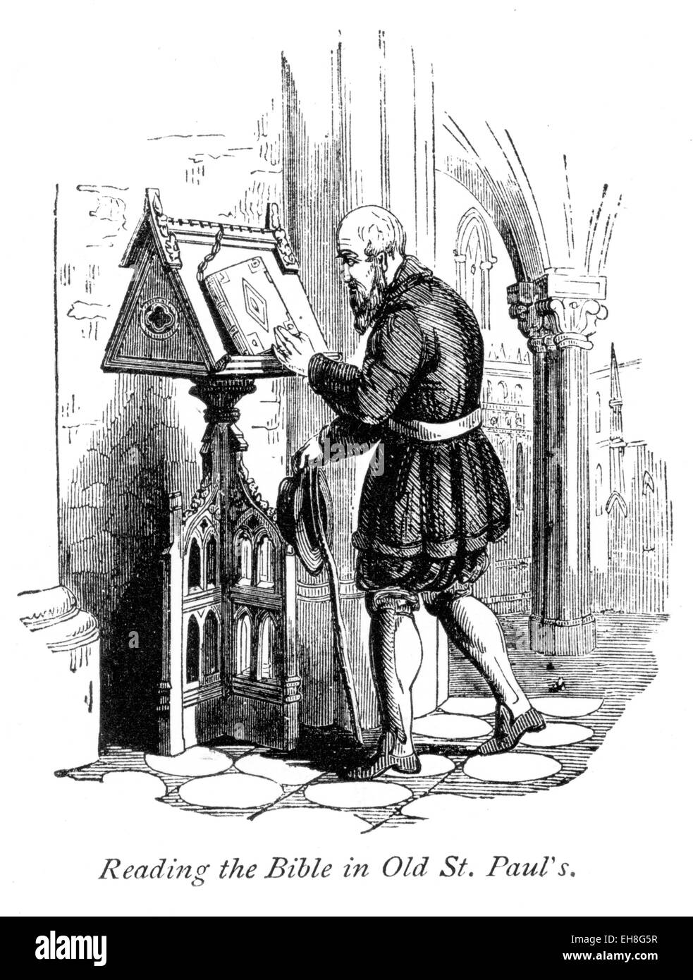 An engraving of a man Reading the Bible in Old St. Paul's Cathedral scanned at high resolution from a book printed in 1867. Believed copyright free. Stock Photo