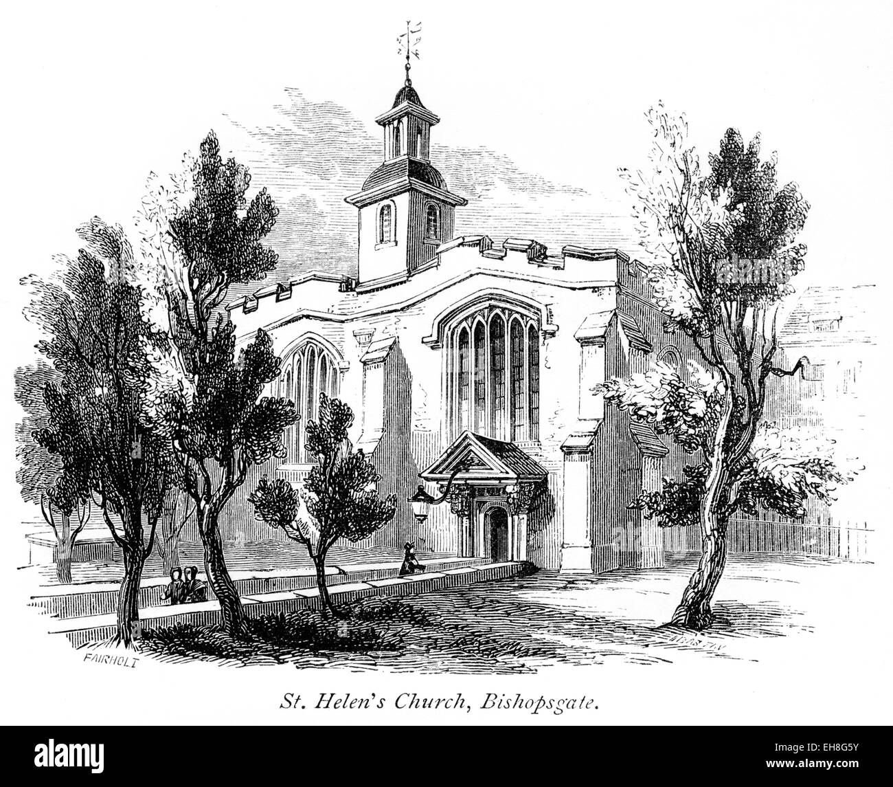 An engraving of  St. Helen's Church, Bishopsgate scanned at high resolution from a book printed in 1867. Stock Photo
