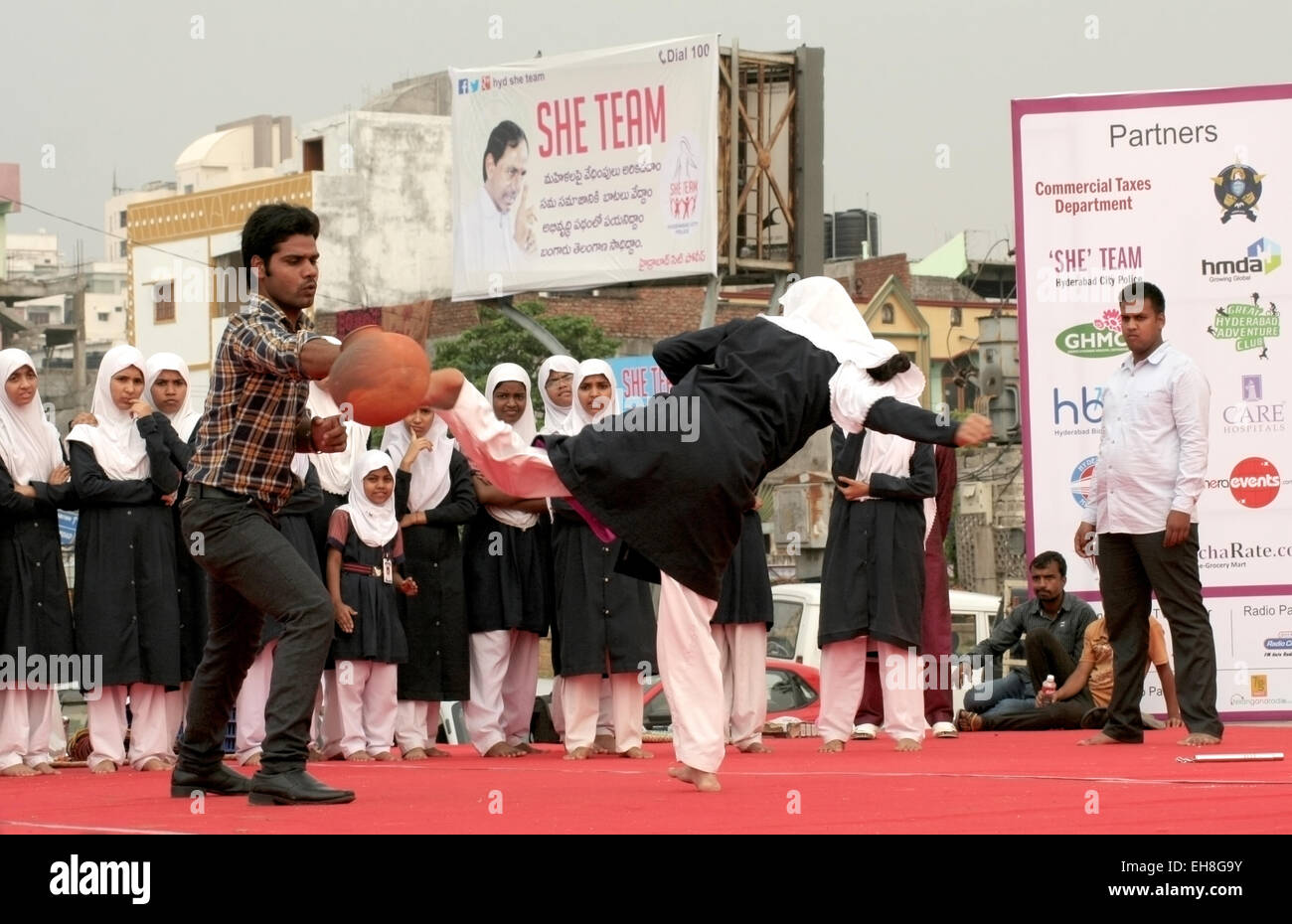 college students show self protection methods on International women's day celebrations on March 8,2015 in Hyderabad,India Stock Photo