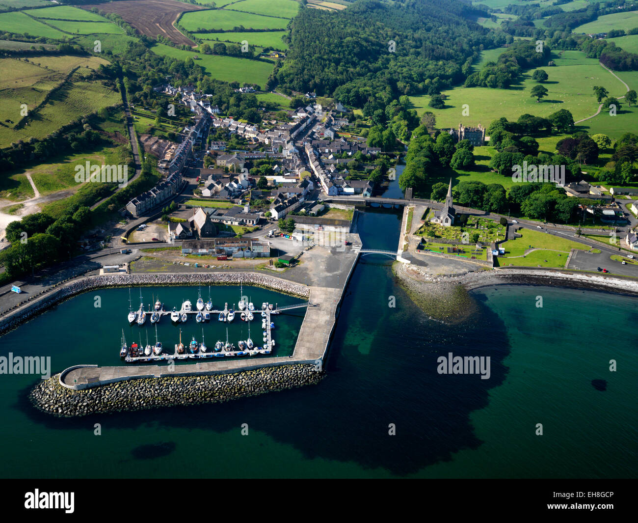 Aerial of Glenarm Castle, town and Marina, Glens of Antrim , County Antrim, Northern Ireland