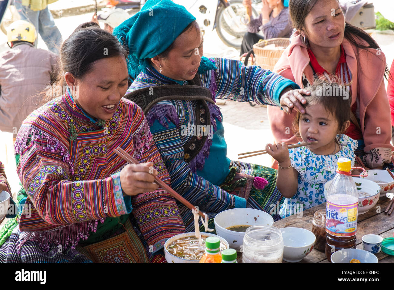 Noodle,po, lunch at Bac Ha Sunday Market famed for buffalo selling near Lao Cai, and Sa Pa,Sapa, hill tribe, town, Vietnam, Stock Photo