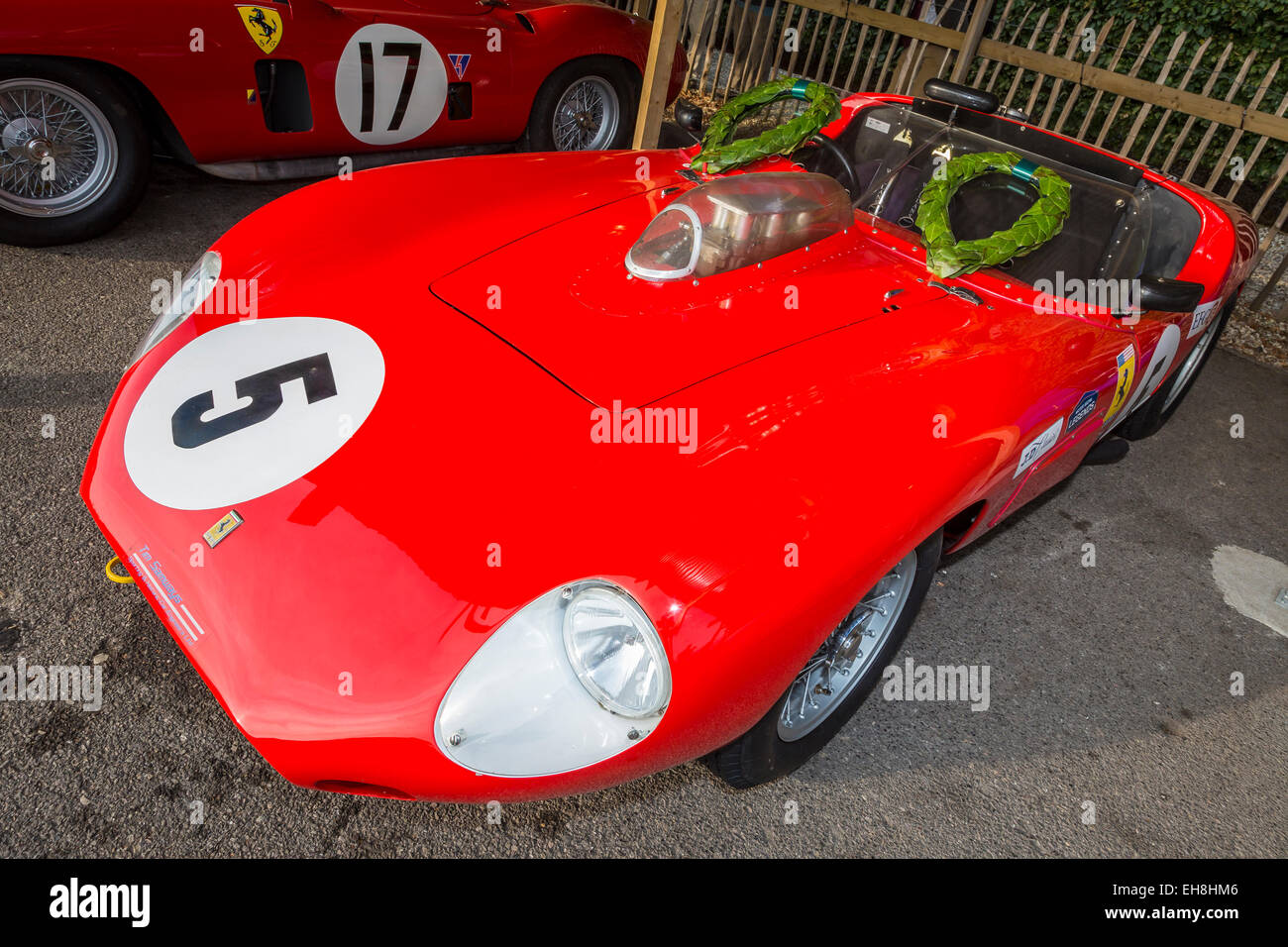 1960 Ferrari Dino 246S in the paddock with winners laurels, Sussex Trophy entrant, 2014 Goodwood Revival, Sussex, UK Stock Photo