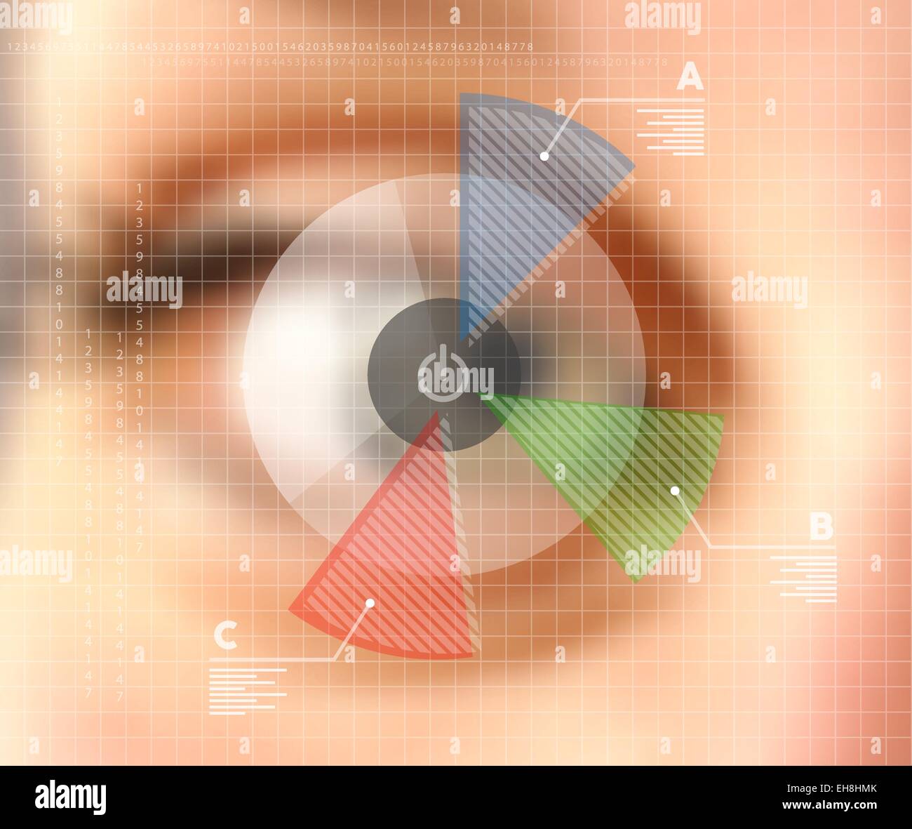 Human eye blurred effect with virtual screen infographics. Ideas RGB web app design, technology, internet and networking concept Stock Vector