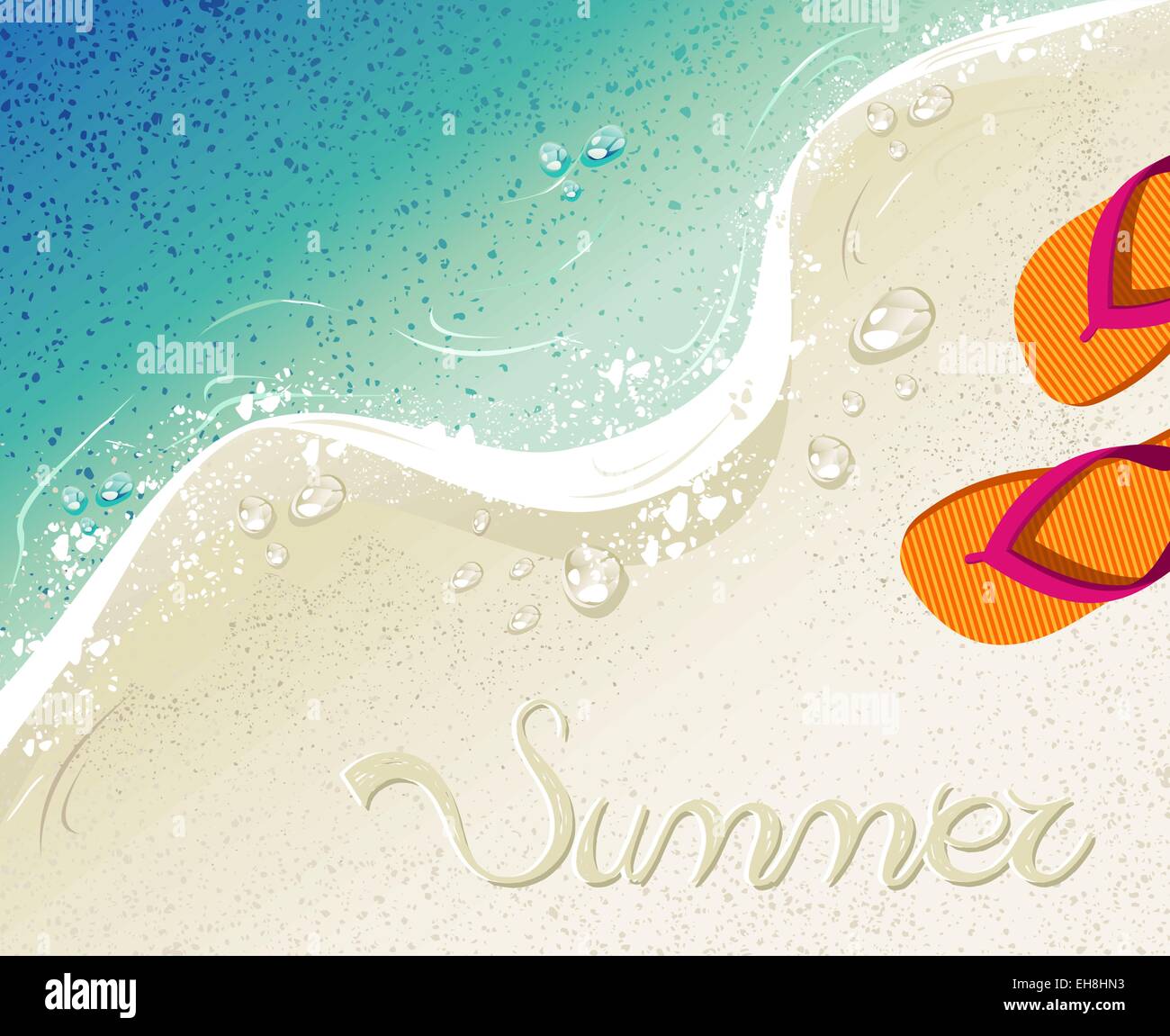 Beach and tropical sea with colorful flip flops, sand as background for summertime design. EPS10 vector. Stock Vector
