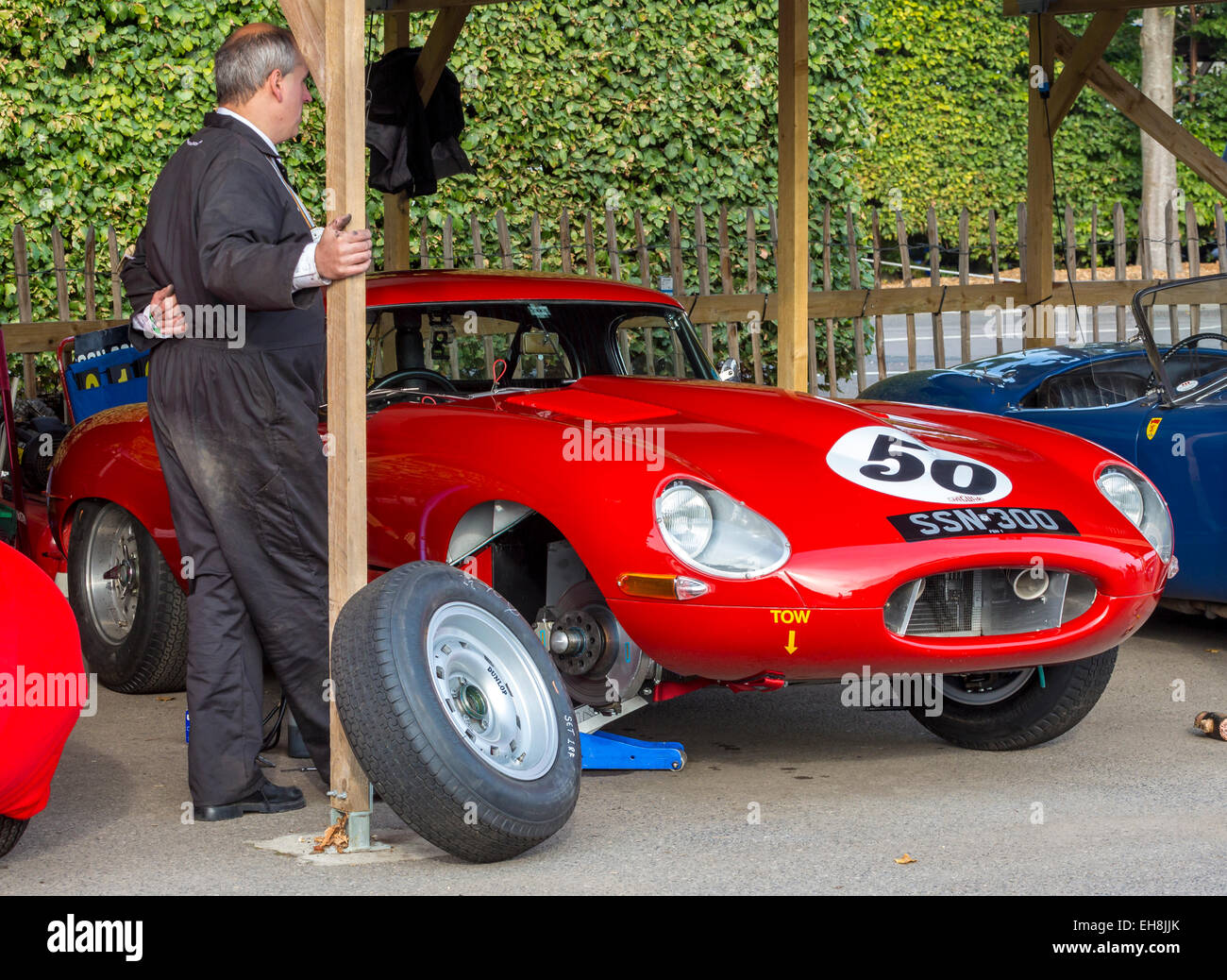1961 Jaguar E-Type 'semi-lightweight', SSN300, in the paddock at the 2014 Goodwood Revival, Sussex, UK. Stock Photo