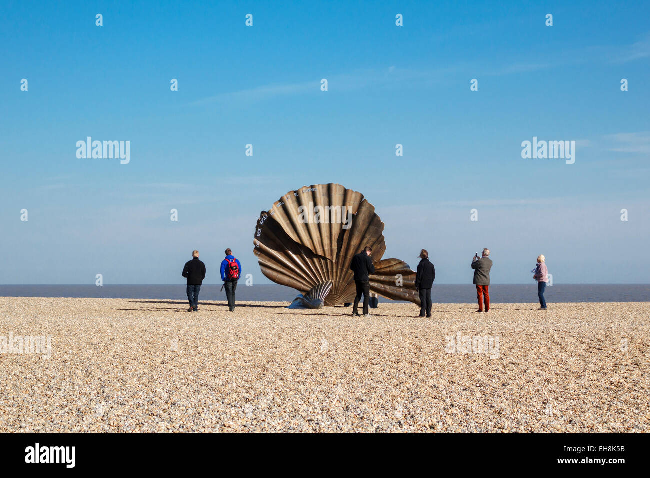 Aldeburgh, Suffolk, UK. Scallop, a steel sculpture (2003) by Maggi Hambling dedicated to the composer Benjamin Britten Stock Photo