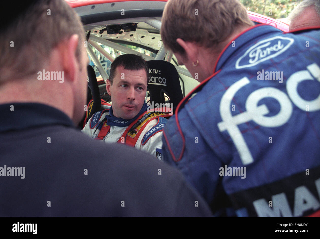 Colin McRae in his Ford Focus WRC at a service stop on the 1999 Monte ...