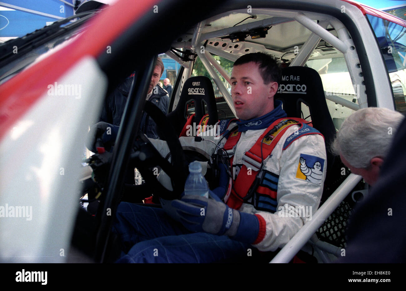 Colin McRae in his Ford Focus WRC at a service stop on the 1999 Monte ...