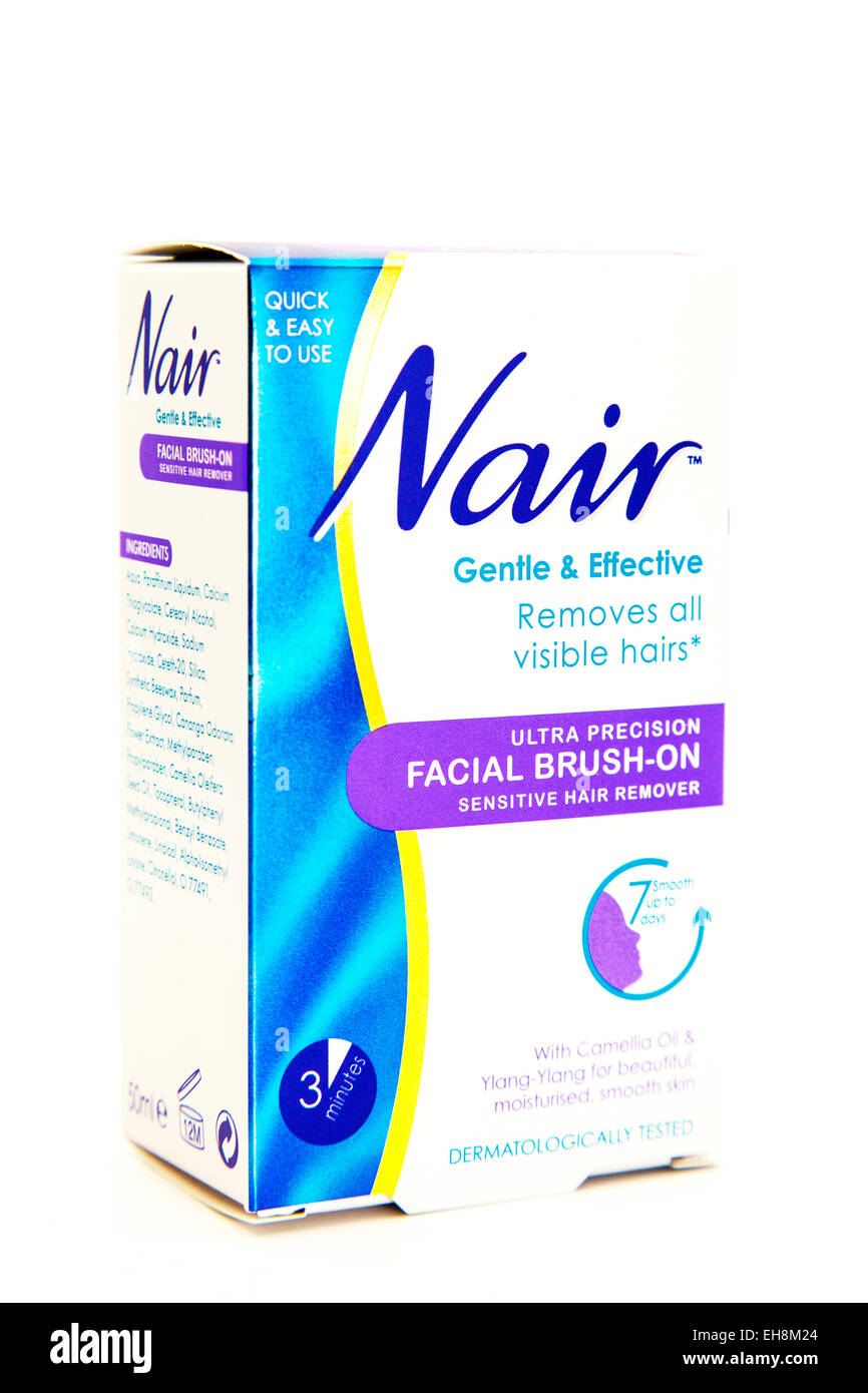 Nair hair removal facial hairs cream remover logo box product cutout white background copy space isolated Stock Photo