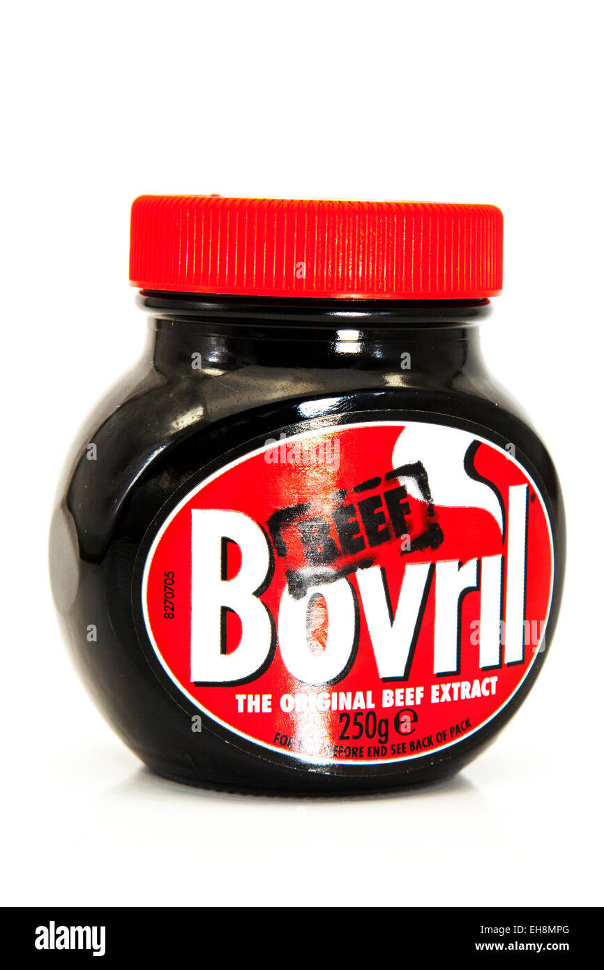 Bovril beef extract spread drink jar logo product cutout white background copy space isolated Stock Photo