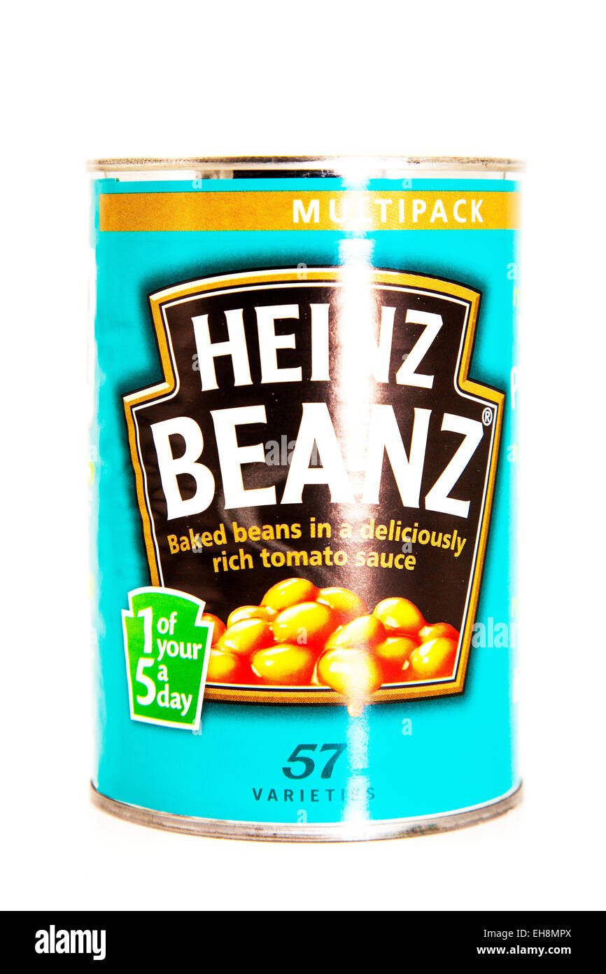 Heinz baked beans beanz tin tinned logo product 57 varieties cutout white background copy space isolated Stock Photo