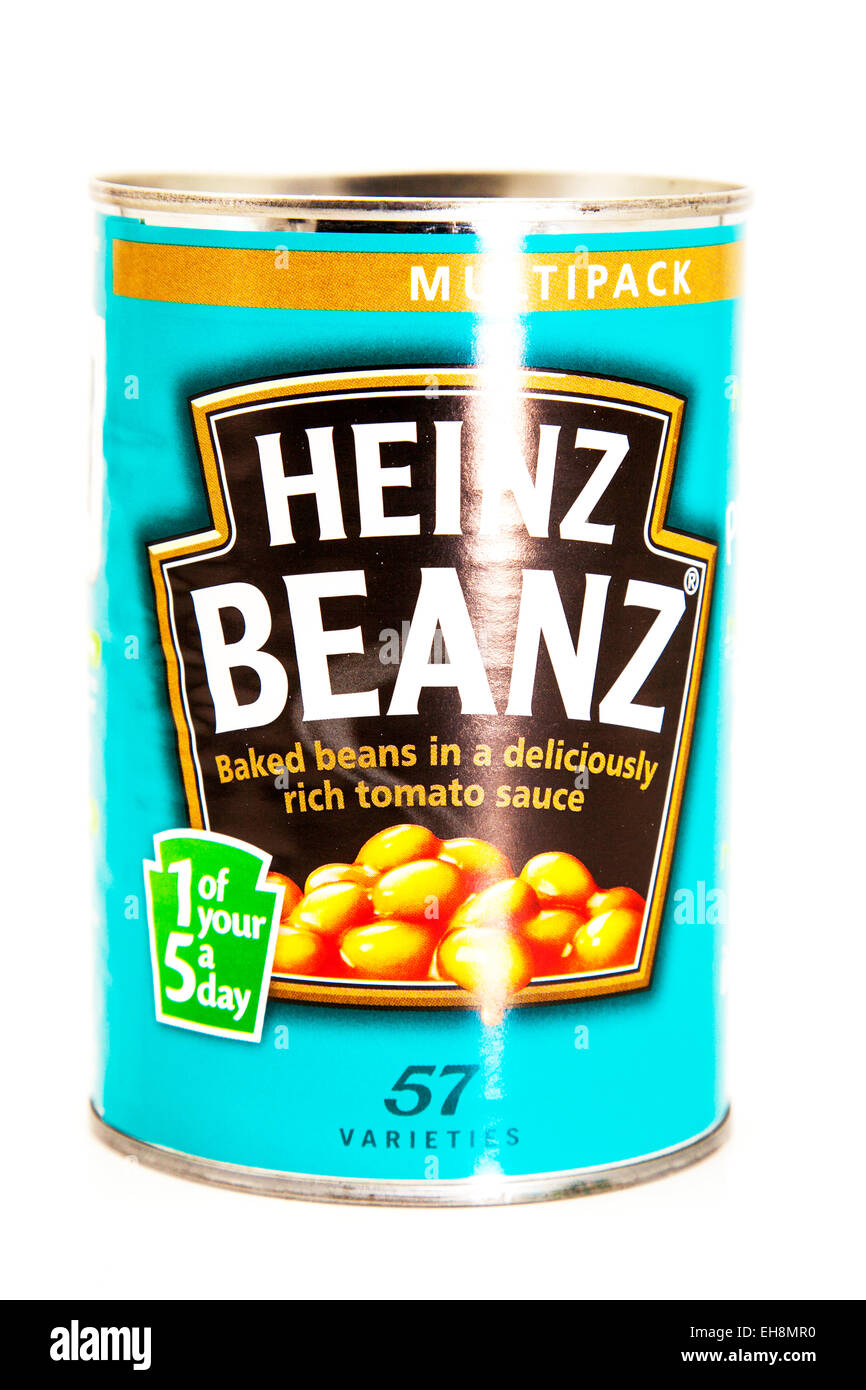 Heinz baked beans beanz tin tinned logo product 57 varieties cutout white background copy space isolated Stock Photo