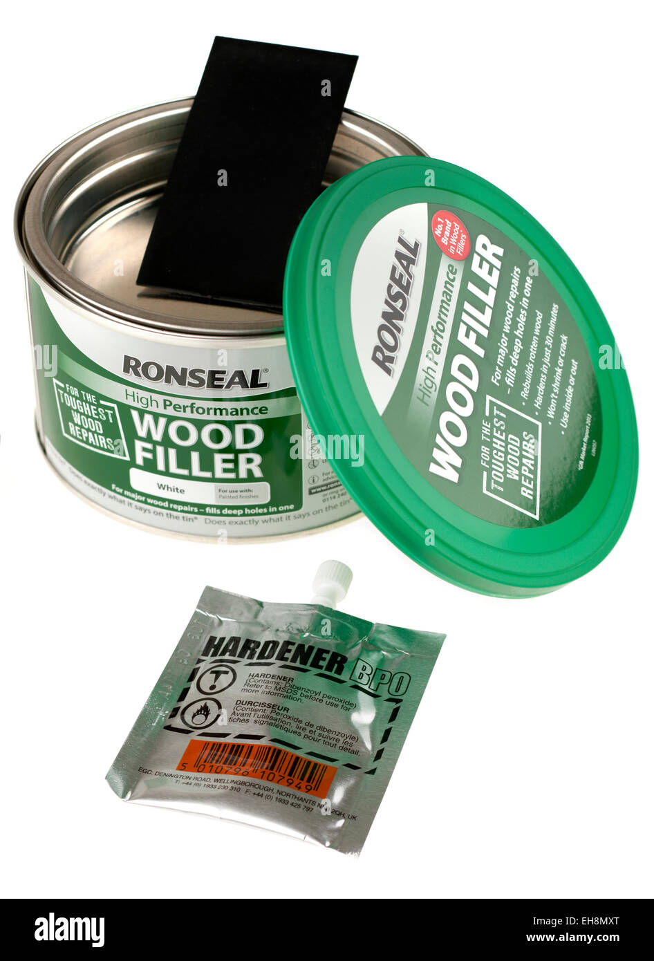 Can of Ronseal high performance white wood filler with hardener Stock Photo